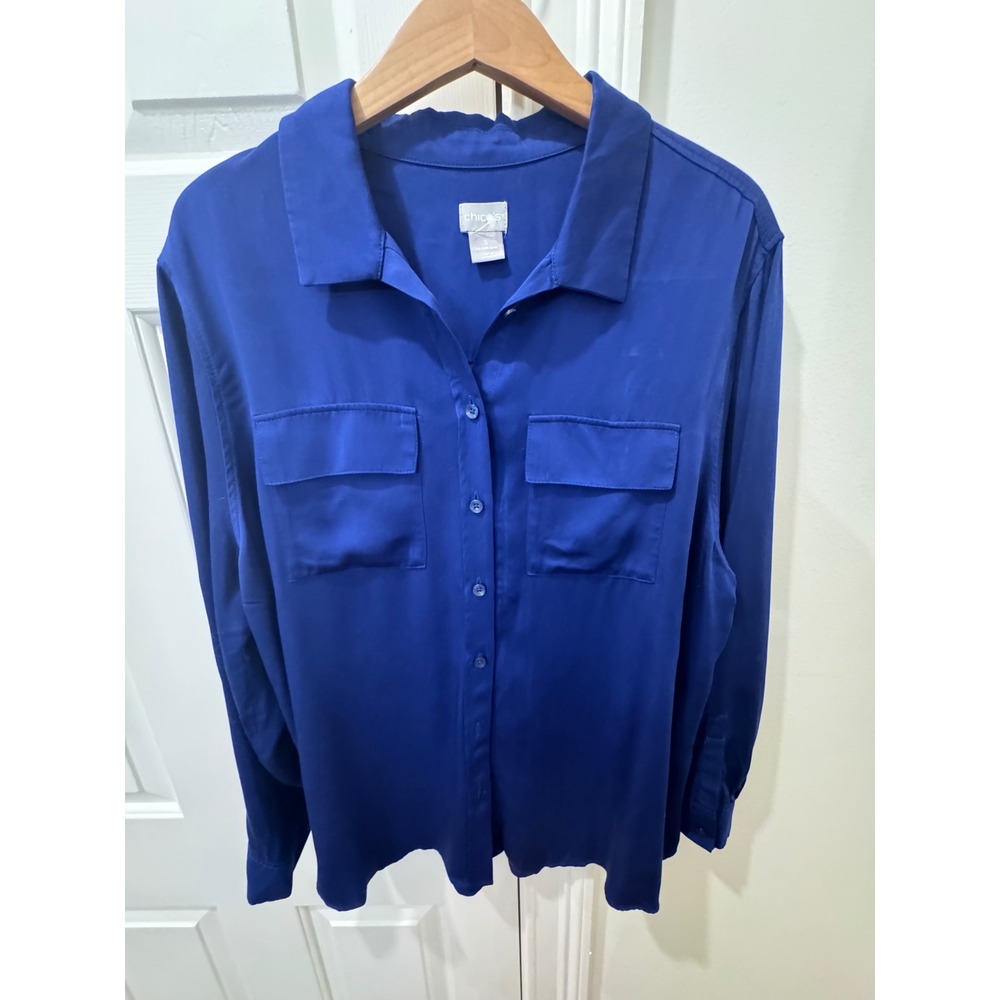 Chico's Blue Modal Button Down Shirt Long Sleeve Pocket Blouse Womens Size3 L XL